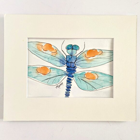 Blue Dragonfly Original Watercolor Wall Art Painting 8x10in Matted Frame Ready - Picture 3 of 5